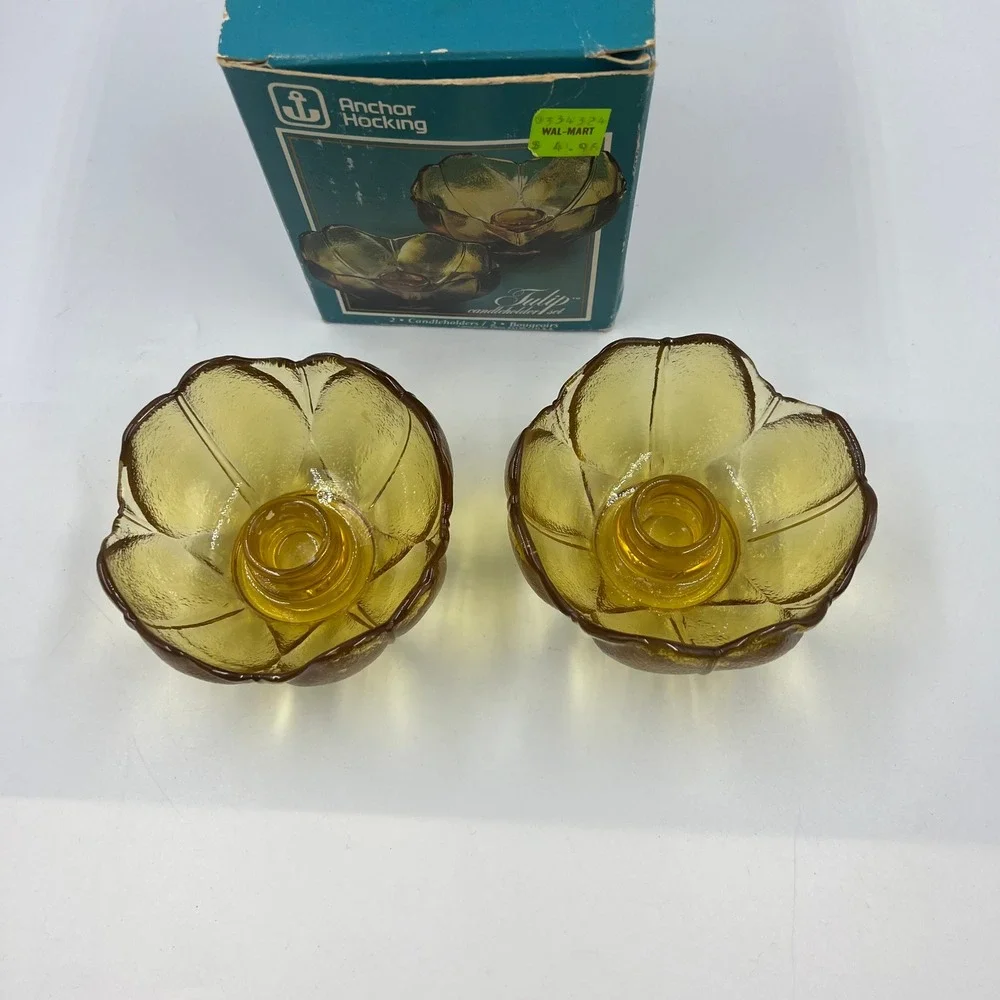 Anchor Hocking Amber Tulip Candleholders Vintage Glass Flower Set of 2 Boxed